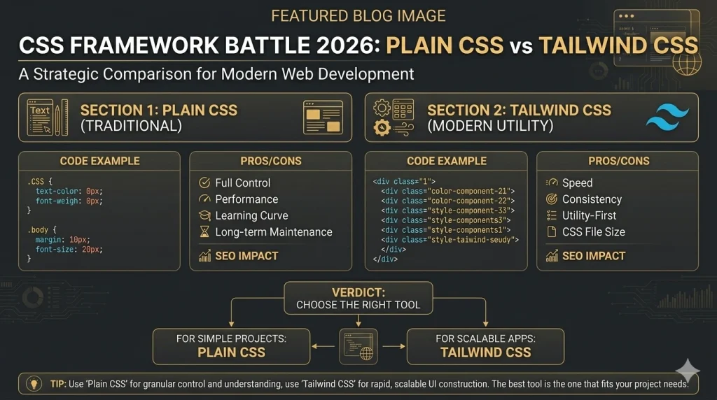 Plain CSS vs Tailwind CSS comparison 2026 - different approach same goal better UI