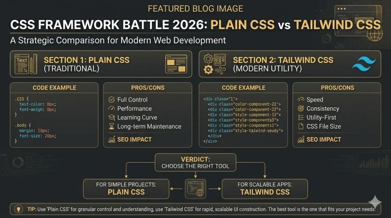 Plain CSS vs Tailwind CSS comparison 2026 - different approach same goal better UI