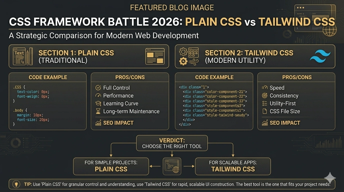 Plain CSS vs Tailwind CSS comparison 2026 - different approach same goal better UI