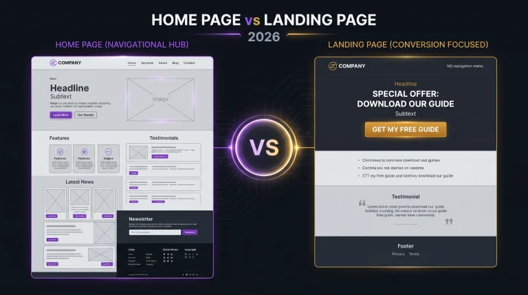Home page vs landing page differences 2026 — web design guide